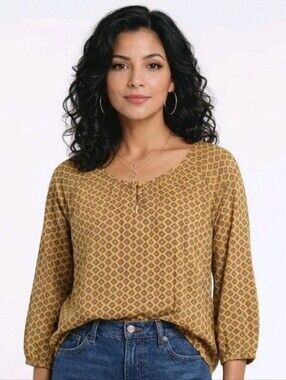 C J Banks Mustard Yellow Smocked Neckline 3/4 Sleeve Peasent Blouse Size X
